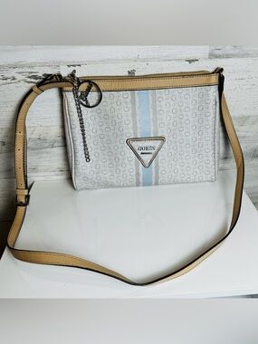 GUESS Logo Crossbody Bag White Blue Stripe Monogram Small Purse